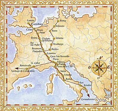 Immagine di una antica carta della 
		Via Francigena